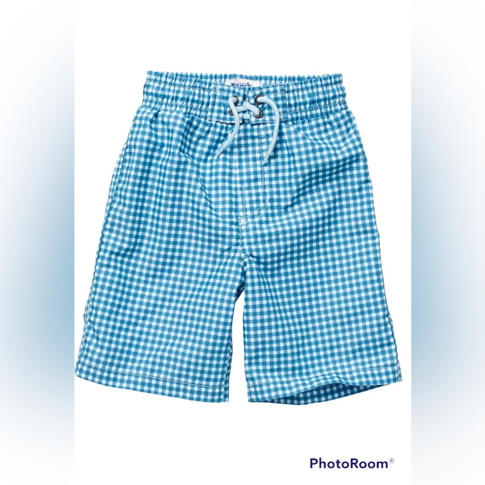 Beach Bros Little Boy’s Teal and White Gingham Swim Trunks| size: 4T